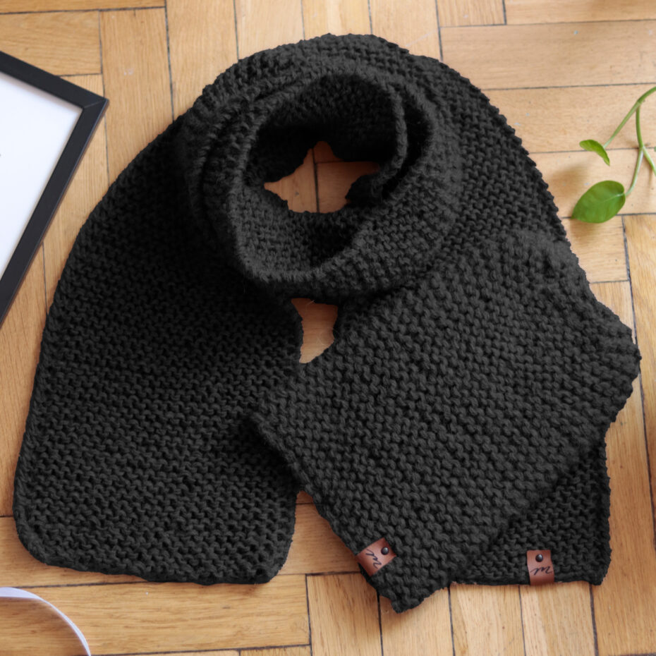 Komplet Lea czapka i szalik UNISEX PREMIUM 100% ALPAKA 170 cm wełniany handmade czarny