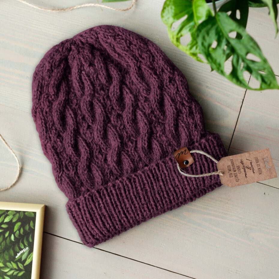 Czapka Mia UNISEX wełniana handmade PREMIUM 100% alpaka winogronowa
