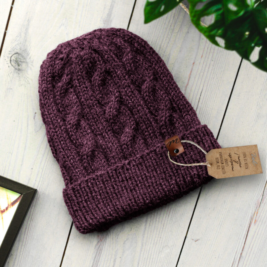 Czapka Eve UNISEX wełniana handmade PREMIUM 100% alpaka winogronowa