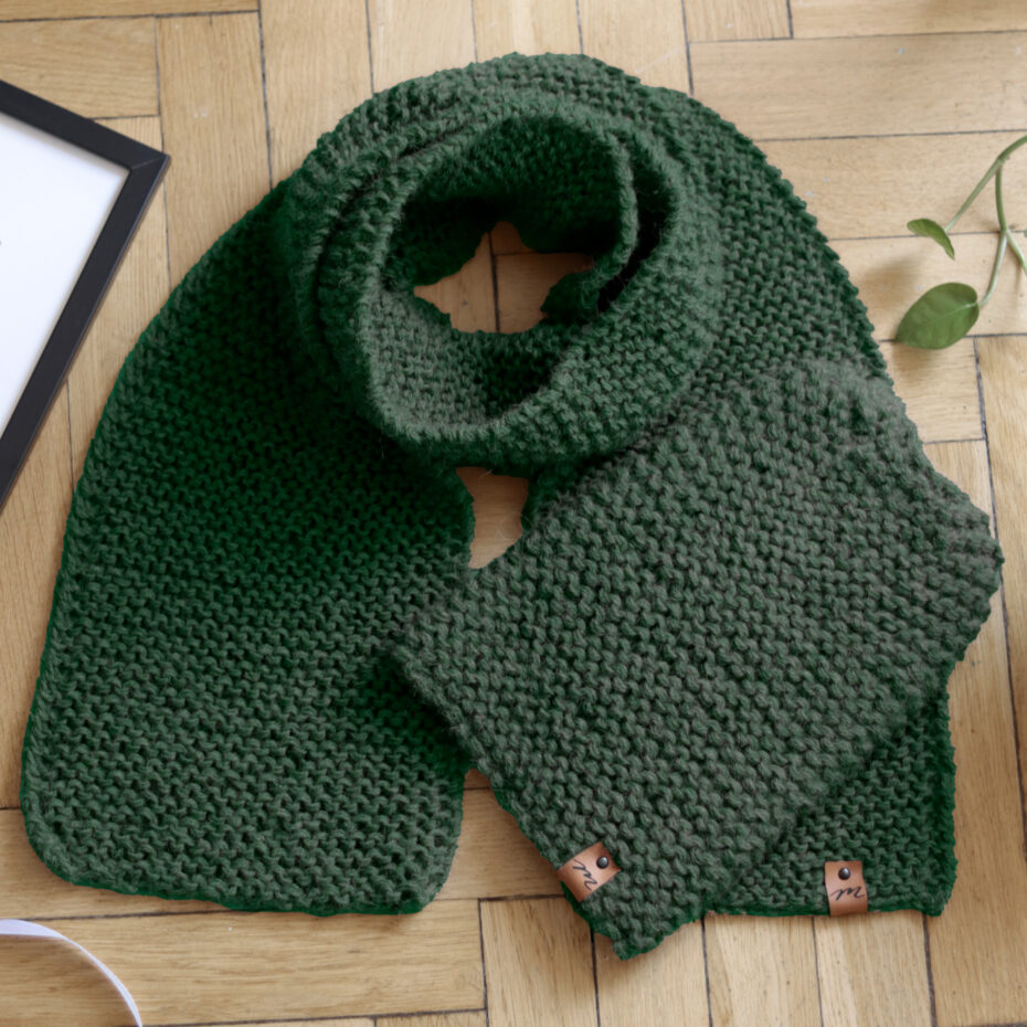 Komplet Lea czapka i szalik UNISEX PREMIUM 100% ALPAKA 170 cm wełniany handmade zielony