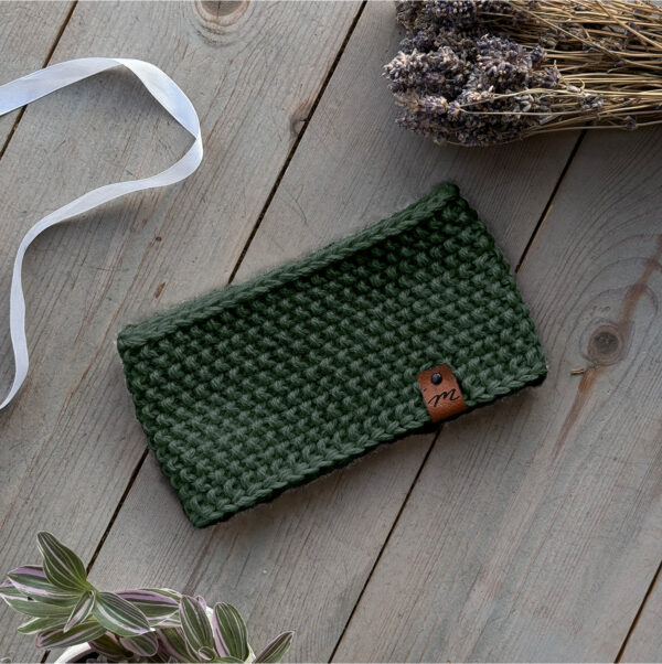 Opaska Lea PREMIUM 100% ALPAKA naturalna wełna handmade butelkowa zieleń
